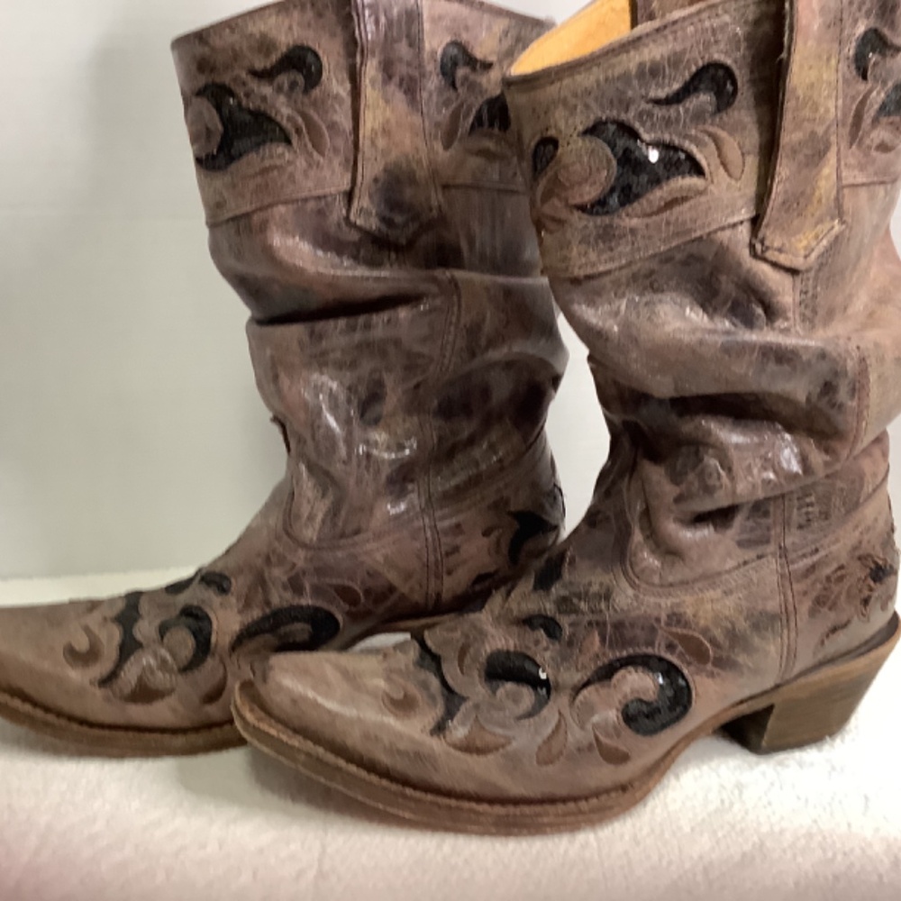 Corral boots brown/camel/tobacco leather sequins slouch‎ western cowboy boots - Picture 3 of 17
